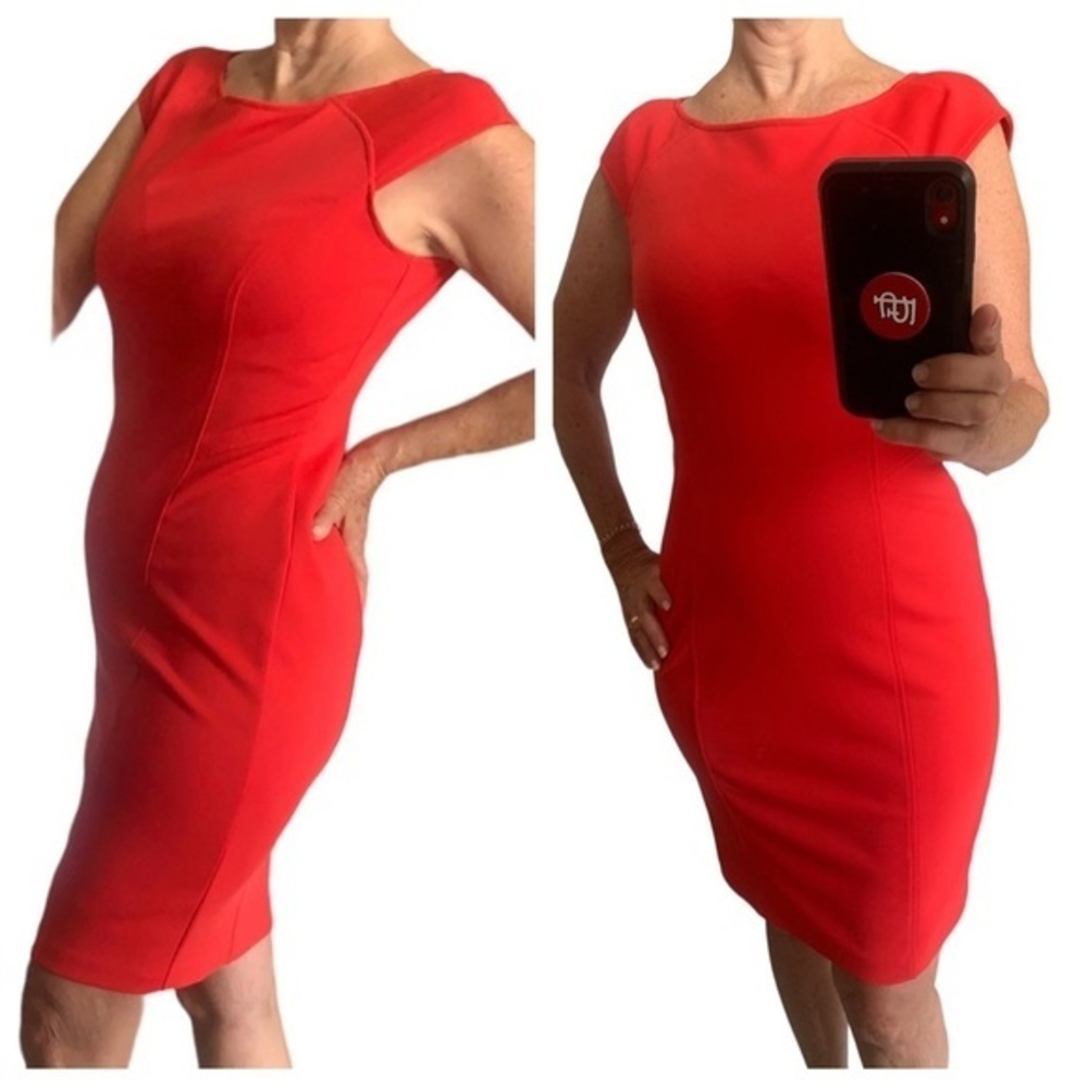 Sz 10 Tomato-Red Maggie London Stretch Summer Dress w Back Cutout - Picture 9 of 10